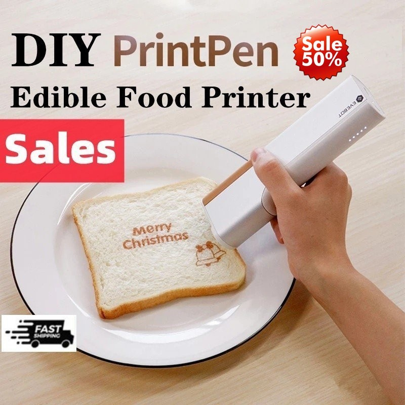 SALES EVEBOT เครื่องพิมพ์ไร้สาย PrintPen กาแฟพิมพ์เครื่องพิมพ์อิงค์เจ็ทแบบพกพามือถือ DIY เครื่องพิมพ์อาหารกินได้ในเครื่องเค้กขนมปัง