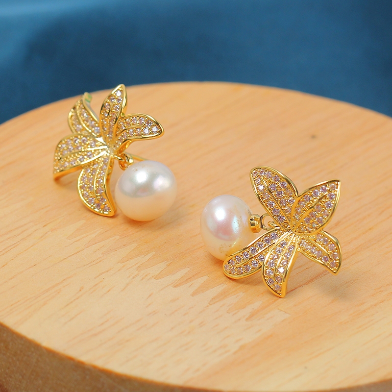 Leaf zircon ต่างหูมุกน้ําจืดสร้อยคอ S925 ต่างหูเข็มเงิน
