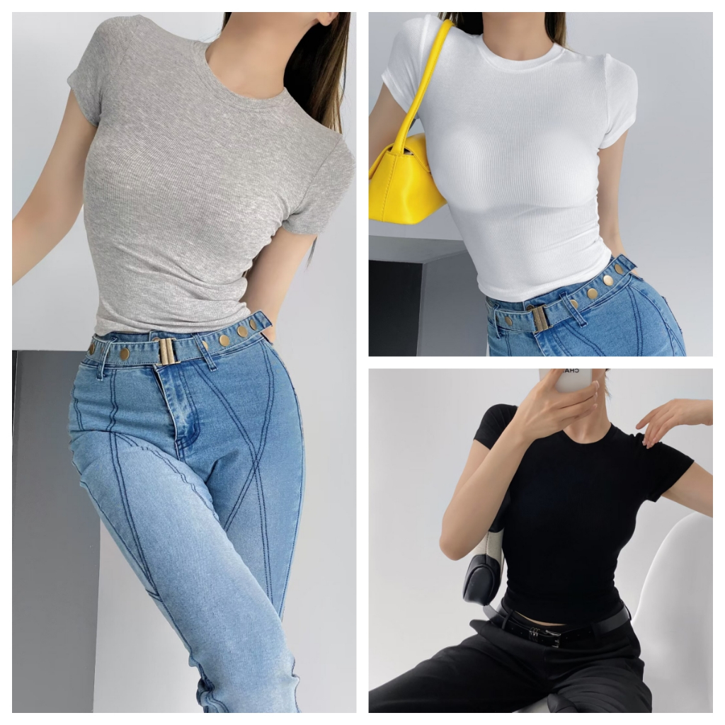 Luna Shop 🍒 เสื้อยืดแบบพื้นฐาน✨✨เสื้อแขนสั้นเข้ารูปสีล้วนสไตล์เกาหลีสำหรับผู้หญิงหน้าร้อน