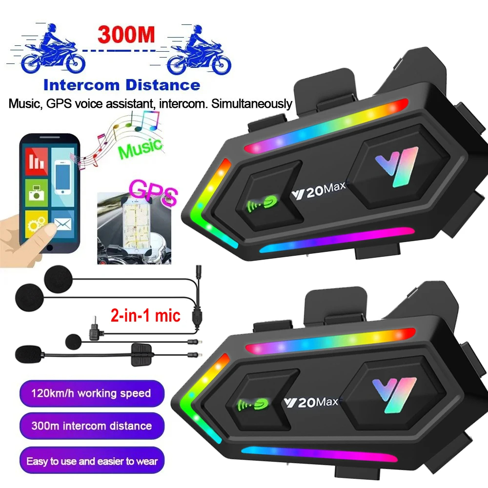 Y20 MAX หมวกกันน็อครถจักรยานยนต์ชุดหูฟังบลูทูธ Intercom ผสม V5.3 IPX6 กันน้ํา RGB สีสันสดใส 1000mAh 