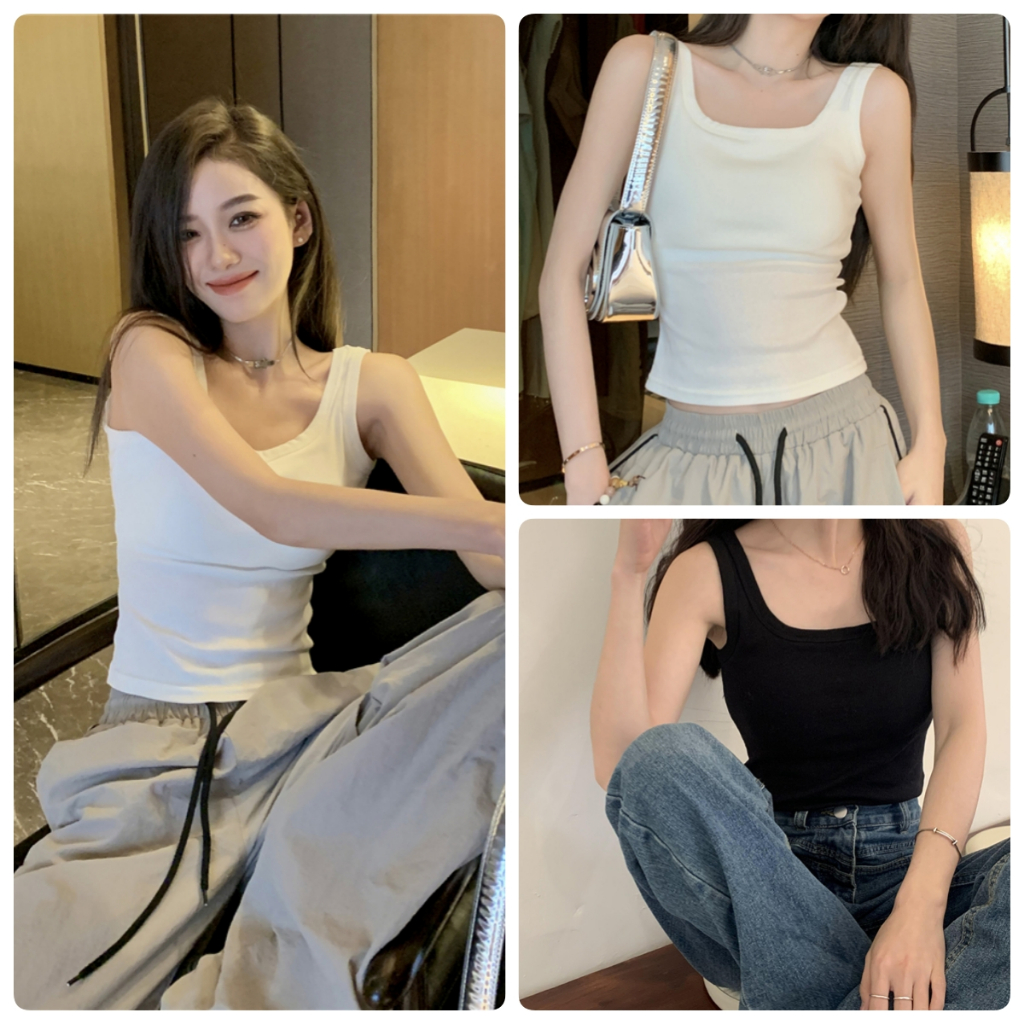 Luna Shop เสื้อยืดเซ็กซี่ ฤดูร้อนสไตล์ใหม่สีทึบแขนกุดเสื้อกั๊กบางเรียบง่ายด้านนอกสไตล์สาวร้อน