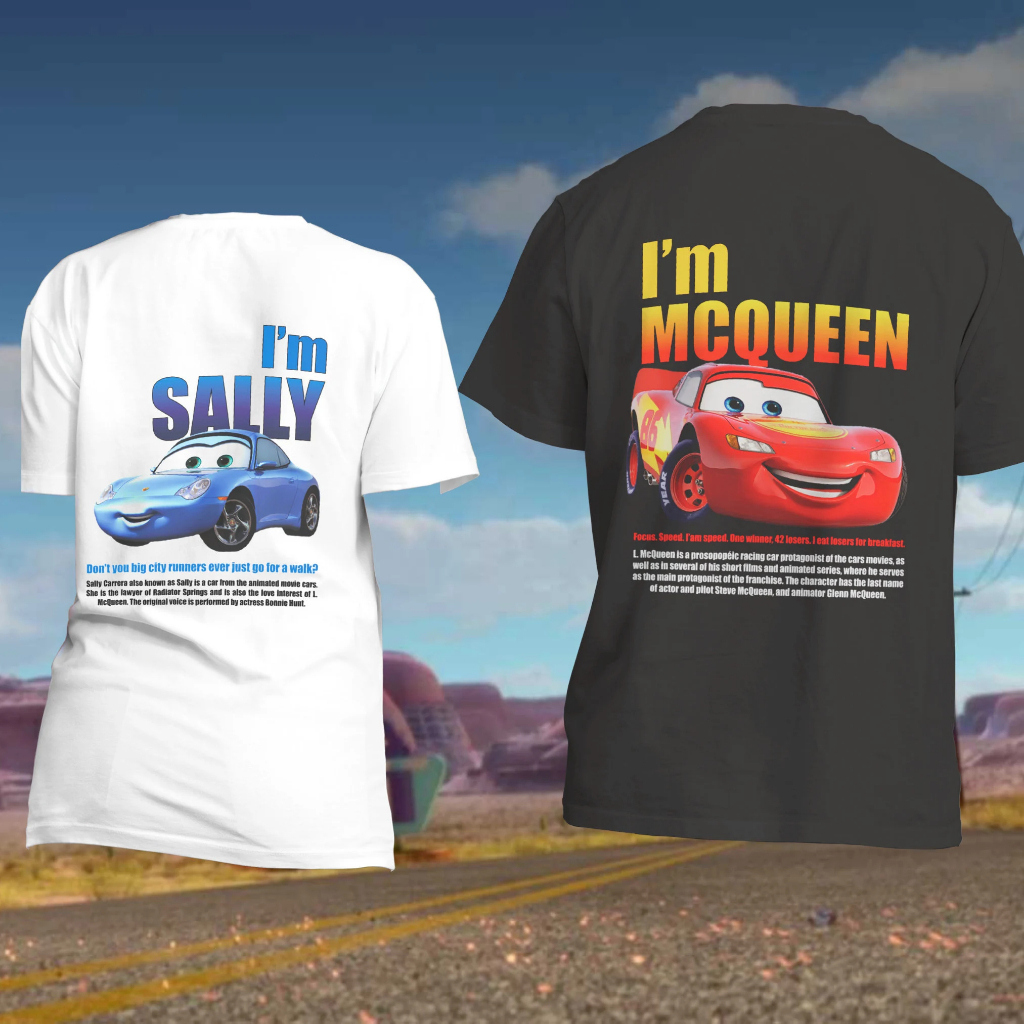 เสื้อจับคู่รถยนต์ L. เสื้อยืดคู่รัก Mcqueen and Sally Kachow L. เสื้อ Mcqueen Im Lightning Sally Car