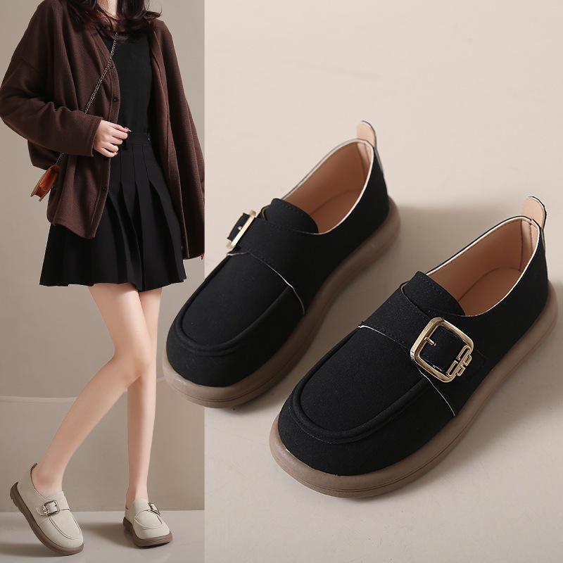 Chic Stroll รองเท้าโลฟเฟอร์พื้นนุ่มสไตล์ย้อนยุคของผู้หญิงสไตล์เกาหลี, การออกแบบหัวเข็มขัดที่ทันสมัย, กันลื่นและทนต่อการสึกหรอ