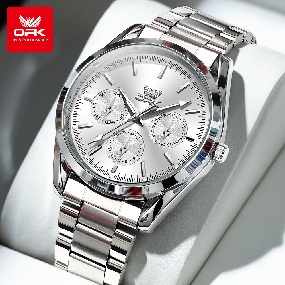 OPK มะกอก แท้100% กันน้ํานาฬิกาผู้ชายพร้อมกล่องดูวันที่เรืองแสงสายสแตนเลสสีฟ้า 6