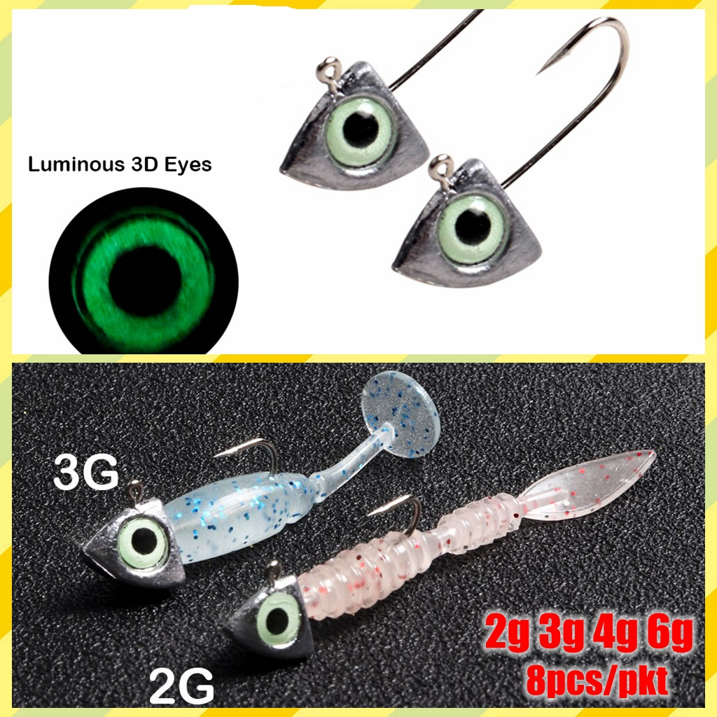 8pcs Mini Jig Head 2g 3g 4g 6g Luminous 3D Eyes Bass Crappie ตกปลา Jig Hooks หนอนตกปลา Lure Hook