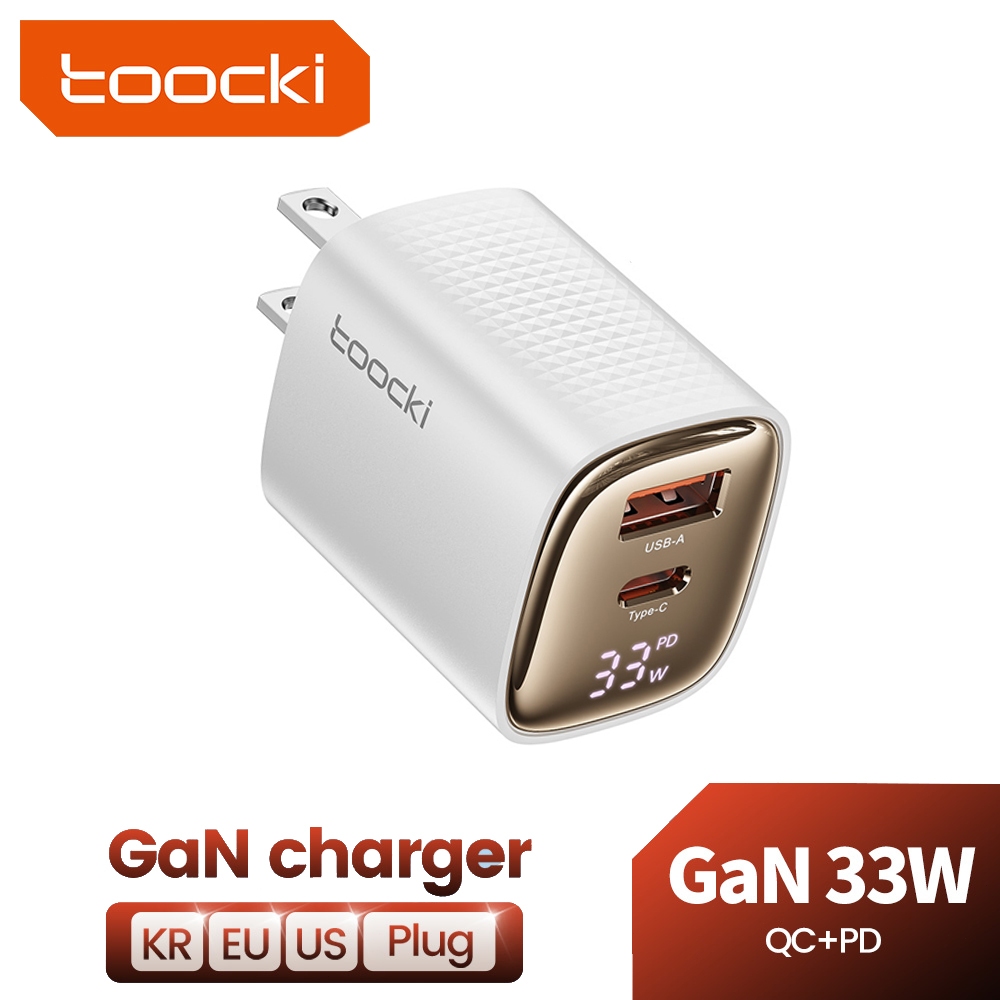 Toocki PD 33W GAN Digital Display Charger Fast Charging QC3.0 USB Type C Dual Port Travel Adapter สําหรับโทรศัพท์แล็ปท็อปแท็บเล็ต