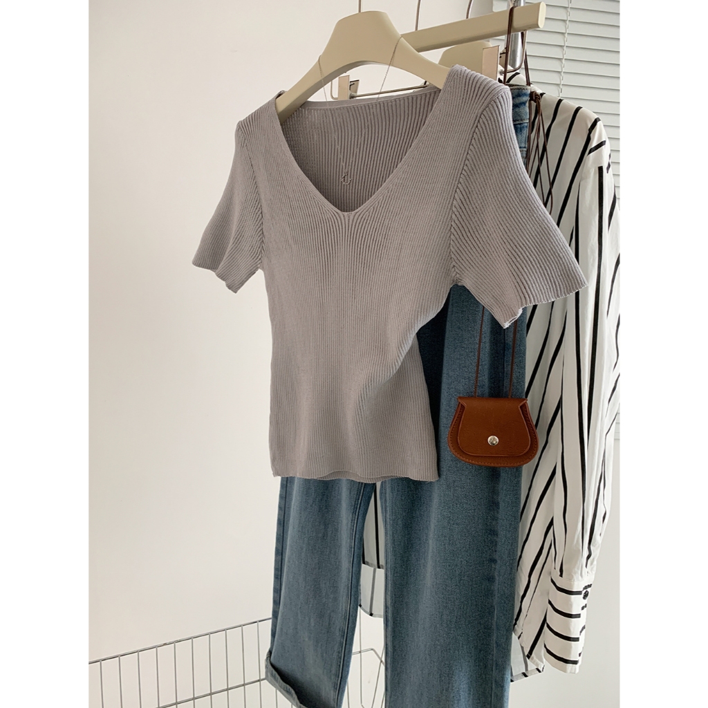 Xiao Fei Xiu ผ้าไหมน้ําแข็งแขนสั้นผู้หญิงฤดูร้อนถักเสื้อยืดด้านบน