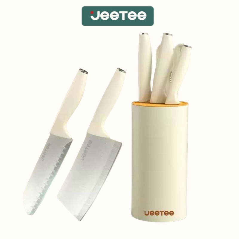 JEETEE 5PCS ชุดมีดทำครัว มีดเหล็กคาร์บอนสูง ชุดเครื่องครัว มีดหั่นเนื้อ+มีดทำครัว+มีดผลไม้+กรรไกร+ที่ใส่มีดสีขาวแบบหนา