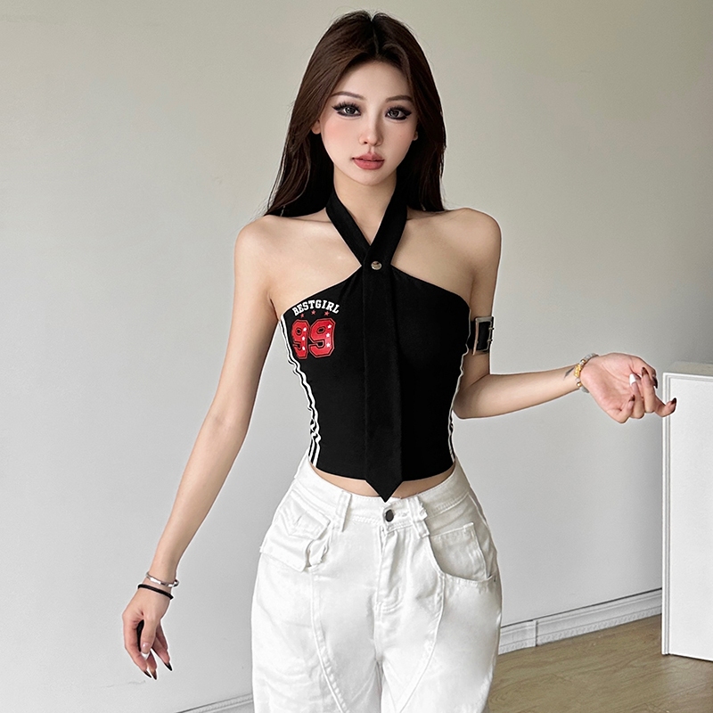 แปลก Puss Casual Vest Halter Off แขน Backless Skinny ลาย Vintage อเนกประสงค์บรรยากาศสไตล์แฟชั่น Advanced Sense 2024 ร้อนใหม่