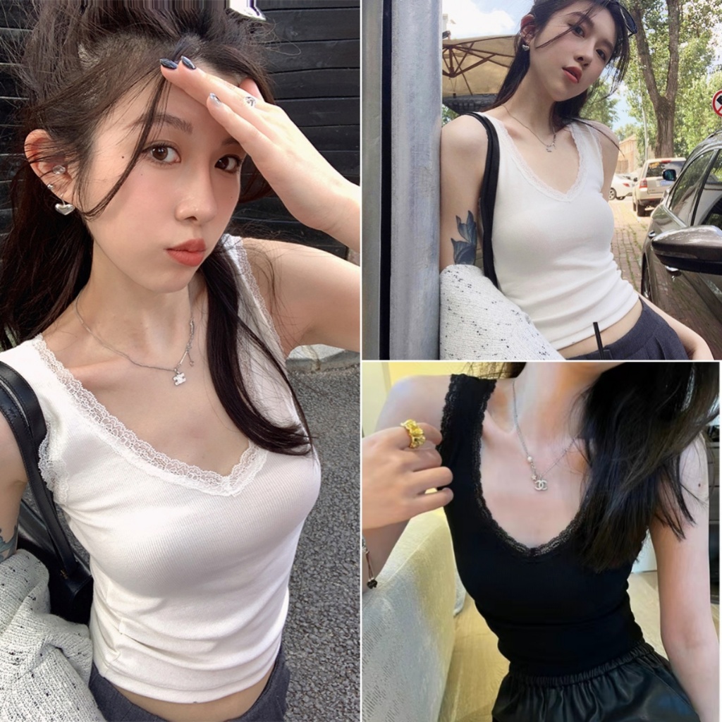 Betty house พร้อมส่ง เสื้อกล้าม เสื้อกั๊กผู้หญิง ผ้ายืดสั้นสบายๆ แขนกุด ตัดขอบลูกไม้คอวี สไตล์เกาหลี ทรงเข้ารูปครอปและสวย