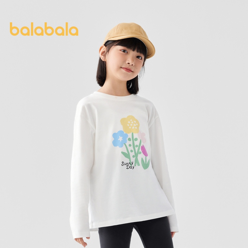 Balabala Girls Long Sleeved T Shirt 2024 Autumn Collection Featuring อินเทรนด์ผ้าฝ้ายเสื้อสไตล์ขนาดกลางและขนาดใหญ่เด็ก