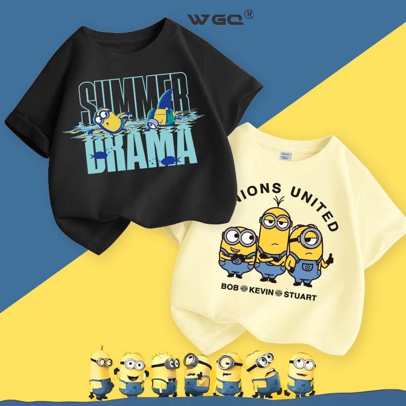[110ซม.-160ซม.] WGQ เสื้อยืดแขนสั้น Minions พิมพ์ลาย แฟชั่นฤดูร้อน เด็กชายแขนสั้น สาวแขนสั้น