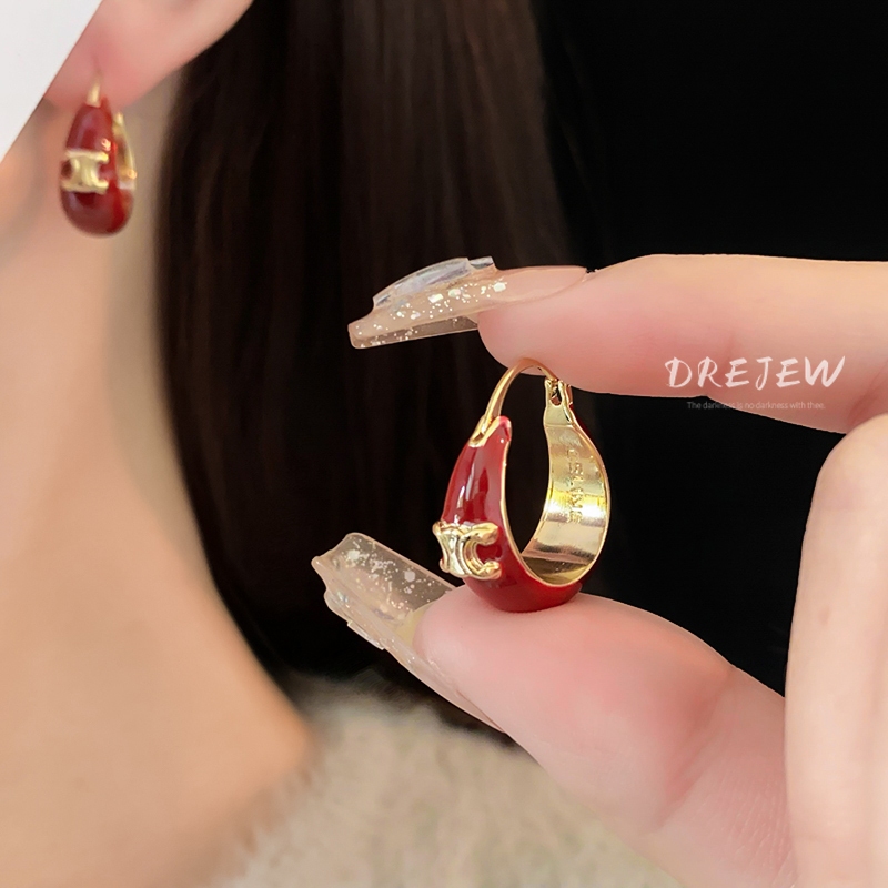 DREJEW เดรช 14เค ทองแท้ไฟฟ้าน้ํามันหยดคู่ ค รอบต่างหูส่วนบุคคลแสงหรูหราแฟชั่นต่างหูใหม่สําหรับผู้หญิง