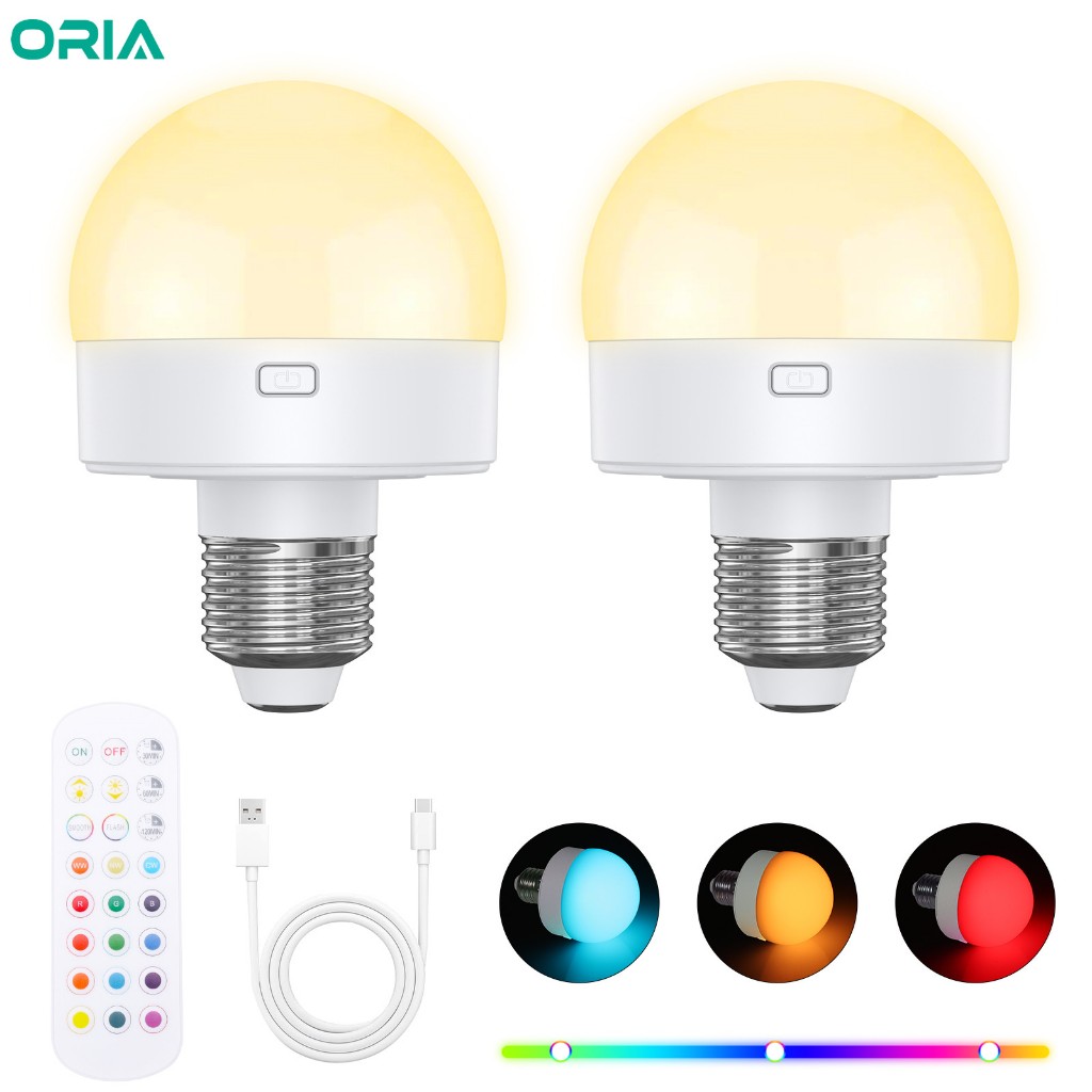 Oria หลอดไฟแบบชาร์จไฟได้ E26/E27 หลอดไฟแบบถอดได้ 12 สี RGB รีโมทคอนโทรลสําหรับห้องนอนห้องนั่งเล่นห้องครัว (2 แพ็ค)