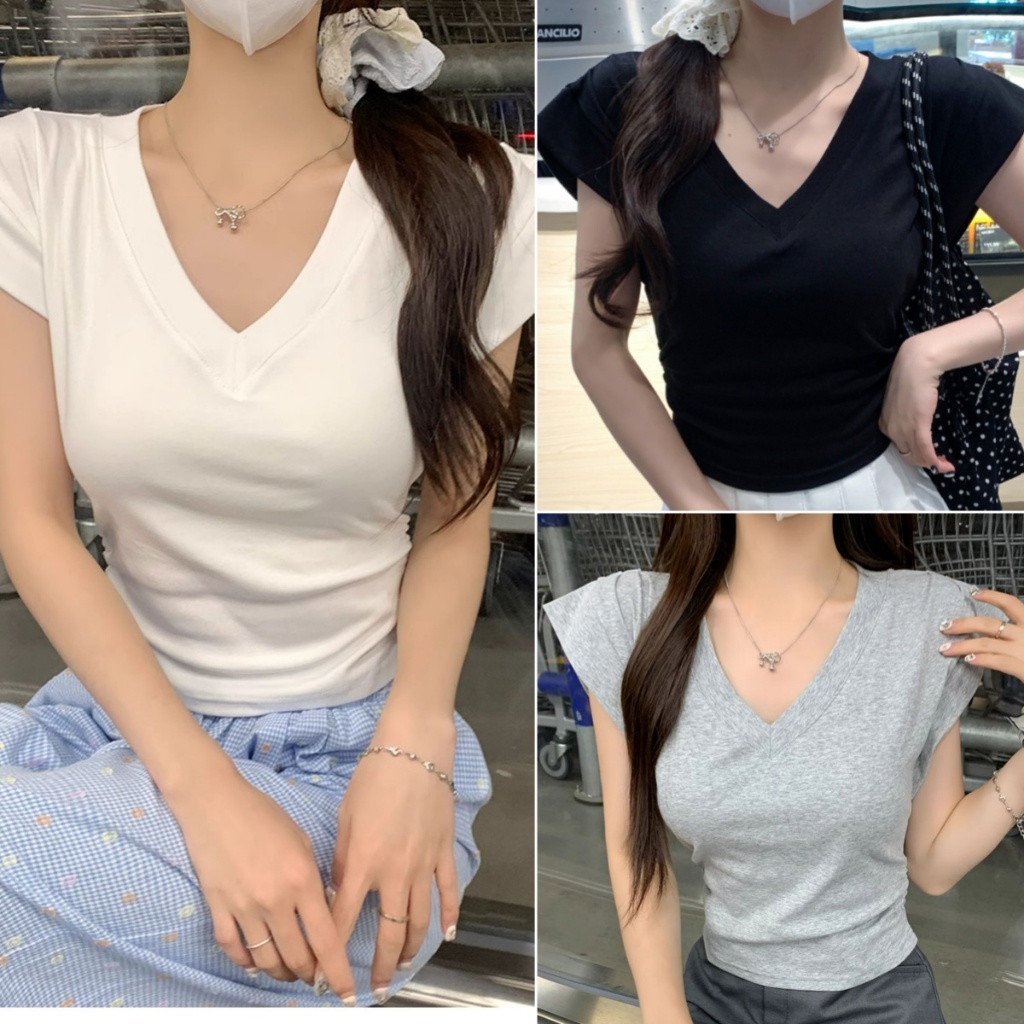 Betty house พร้อมส่ง เสื้อยืดครอปผู้หญิง เสื้อรัดรูป ผ้ายืดสาวๆ ด้านข้างออกแบบจีบ ใส่กับชุดอะไรก็เข้าได้ แขนกุดสีทึบคอวี สไตล์เกาหลี