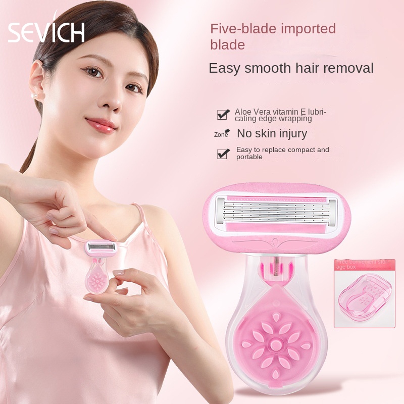 SEVICH เซวิช ผู้หญิงมีดโกนมินิแบบพกพาเครื่องโกนหนวดขาใต้วงแขนกําจัดขนเลดี้คู่มือมีดโกนใบมีดกรณี