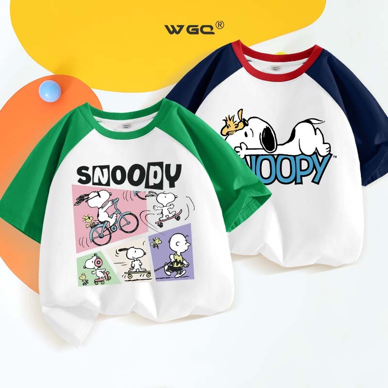 [110เซนติเมตร-160เซนติเมตร]snoopy เด็กเสื้อผ้าแฟชั่นเด็กเสื้อยืดเด็กเสื้อยืดเสื้อผ้าเด็กแขนสั้น แร็กแลน แขนสีคมชัดเสื้อยืดด้านบนผ้าฝ้ายแท้พิมพ์กีฬาด้าน