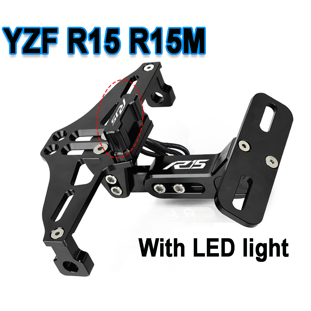 ขายึดหมายเลขใบอนุญาตรถจักรยานยนต์พร้อมไฟป้ายทะเบียน LED สําหรับ YAMAHA YZF R15 V3 V1 V2 V4 R15M 2013-2024 CNC อลูมิเนียมอัลลอยด์ปรับแผ่นผู้ถือ YZFR15 รถจักรยานยนต์ Aecc