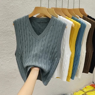 K ถักเสื้อกั๊กผู้หญิง V คอเสื้อกั๊กแขนกุด Layered All-Match เสื้อกั๊กด้านนอกสั้นด้านบน