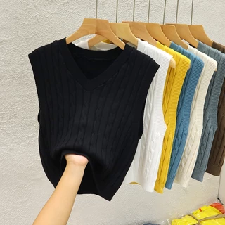 K ถักเสื้อกั๊กผู้หญิง V คอเสื้อกั๊กแขนกุด Layered All-Match เสื้อกั๊กด้านนอกสั้นด้านบน