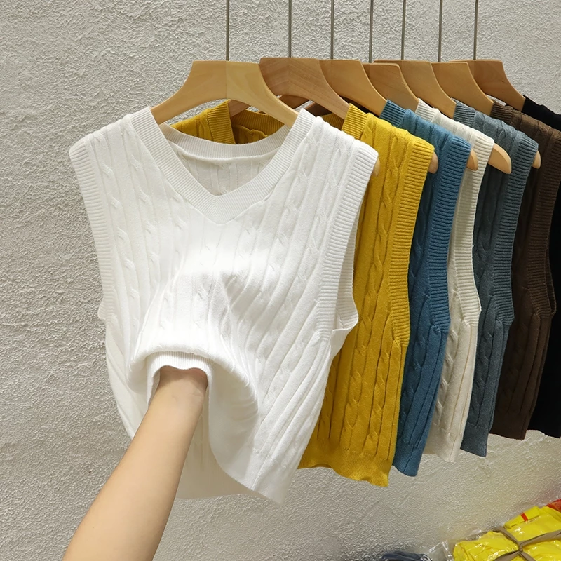 K ถักเสื้อกั๊กผู้หญิง V คอเสื้อกั๊กแขนกุด Layered All-Match เสื้อกั๊กด้านนอกสั้นด้านบน