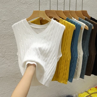 K ถักเสื้อกั๊กผู้หญิง V คอเสื้อกั๊กแขนกุด Layered All-Match เสื้อกั๊กด้านนอกสั้นด้านบน