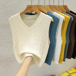 K ถักเสื้อกั๊กผู้หญิง V คอเสื้อกั๊กแขนกุด Layered All-Match เสื้อกั๊กด้านนอกสั้นด้านบน