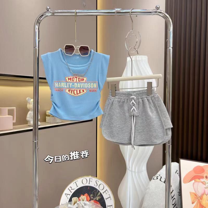 Lemon-tree 3-15Y ชุดเด็กผู้หญิงฤดูร้อนใหม่เกาหลีเสื้อกั๊กแขนสั้นแฟชั่น Joker กางเกงขาสั้นลําลองชุดสองชิ้น
