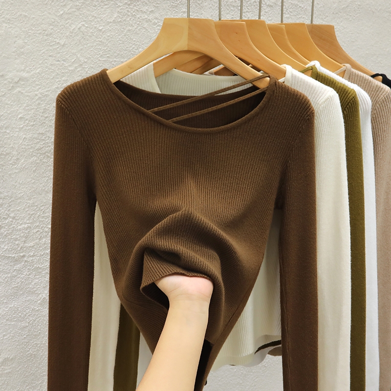 แขนยาวถักเสื้อ Bottoming ผู้หญิงฤดูใบไม้ร่วงฤดูหนาวสไตล์ใหม่สีทึบ All-Match Slim-