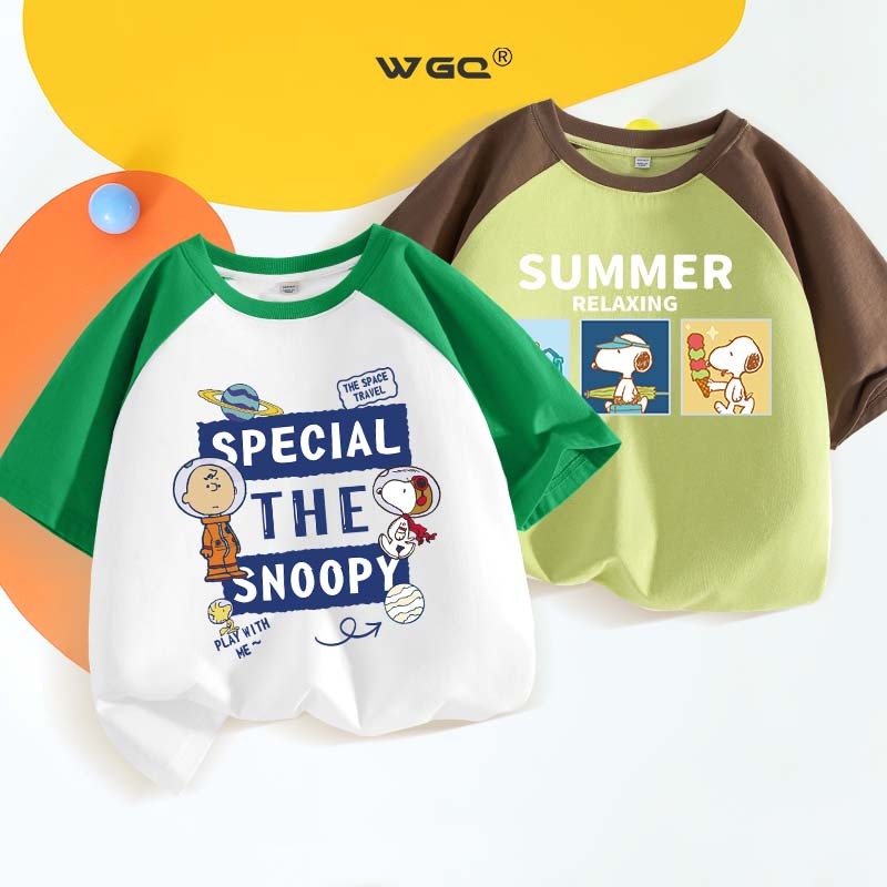 [110เซนติเมตร-160เซนติเมตร ]snoopy เด็กเสื้อผ้าแฟชั่นเด็กเสื้อยืดเด็กเสื้อยืดเสื้อผ้าเด็กแขนสั้น แร็กแลน แขนสีคมชัดเสื้อยืดด้านบนผ้าฝ้ายแท้พิมพ์กีฬาด้าน