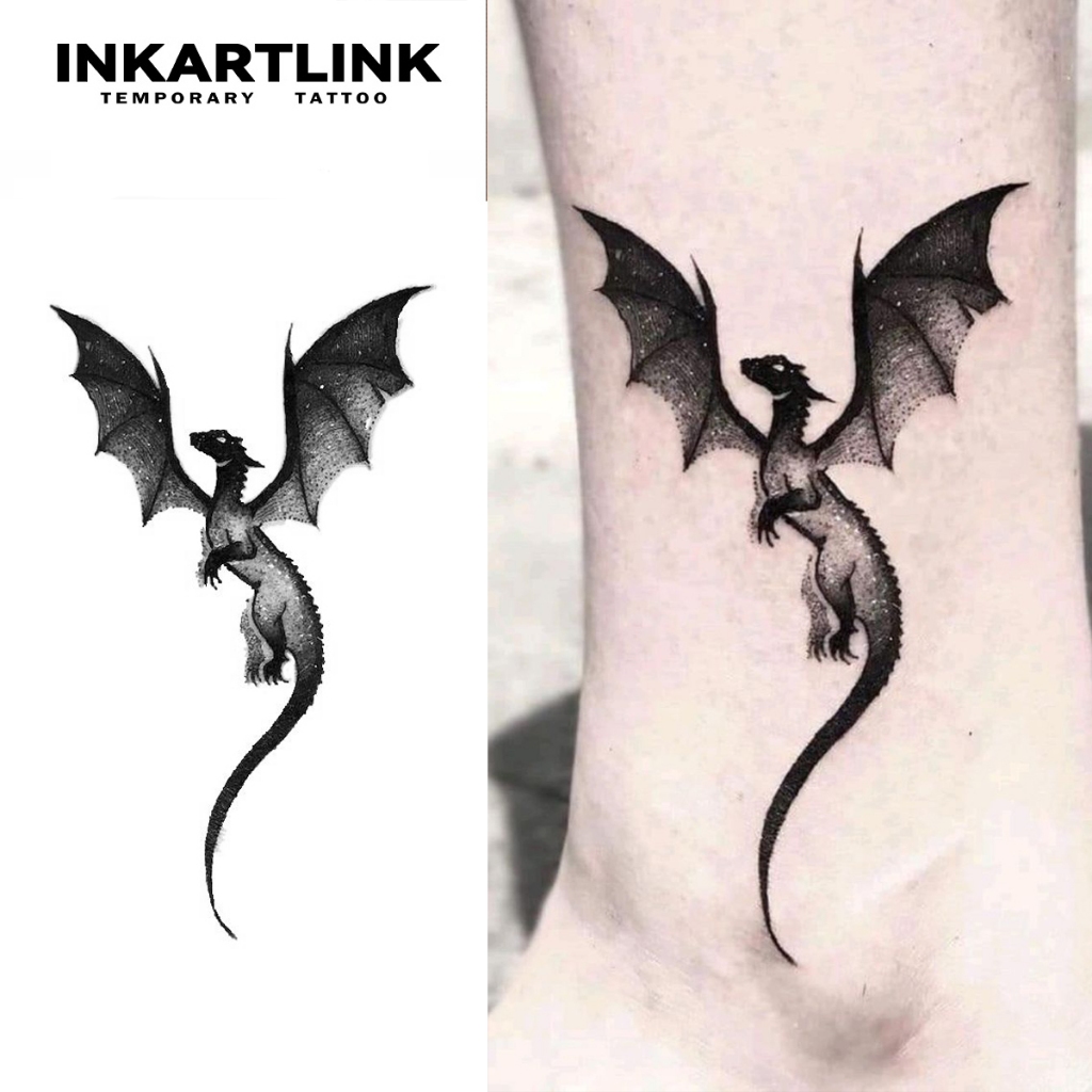 Inkartlink รอยสักกึ่งถาวร กันน้ํา ติดทนนาน ชั่วคราว สติ๊กเกอร์รอยสักปลอมวิเศษ รอยสักศิลปะ มังกรชั่วร้าย 12ซม.8ซม.