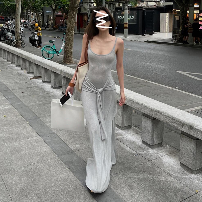 แปลก Puss Casual Maxi Dresses สลิงปิดไหล่แขน U ปกผอมแข็งอเนกประสงค์ฤดูร้อนบรรยากาศสไตล์แฟชั่น 2024 ร้อนใหม่