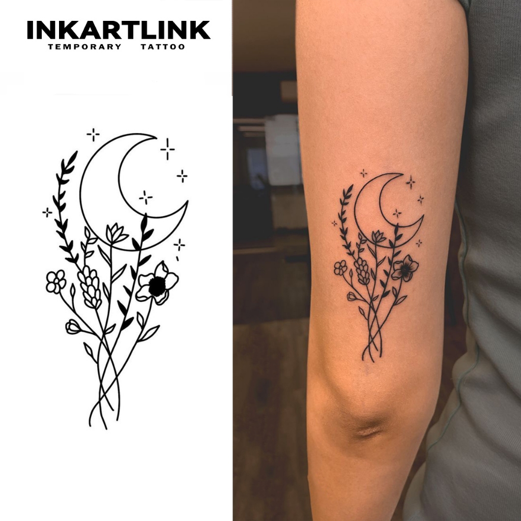 Inkartlink รอยสักกึ่งถาวร กันน้ํา ติดทนนาน ชั่วคราว สติ๊กเกอร์รอยสักปลอมวิเศษ รอยสักศิลปะ ดวงจันทร์ ดอกไม้ และพืช รอยสัก 14ซม.6ซม