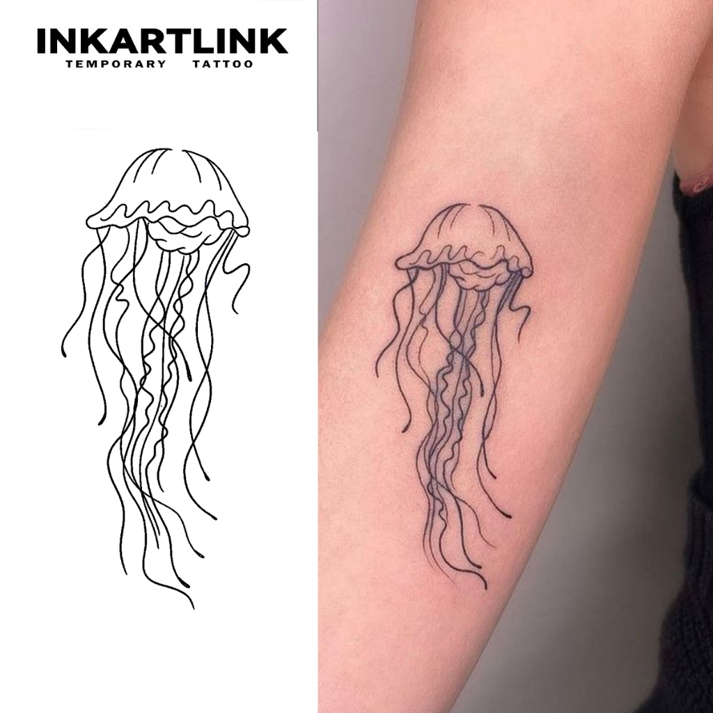 Inkartlink รอยสักกึ่งถาวร กันน้ํา ติดทนนาน ชั่วคราว สติ๊กเกอร์รอยสักปลอม เหมือนจริง รอยสักศิลปะ รอยสักแมงกะพรุน 14ซม.6ซม.
