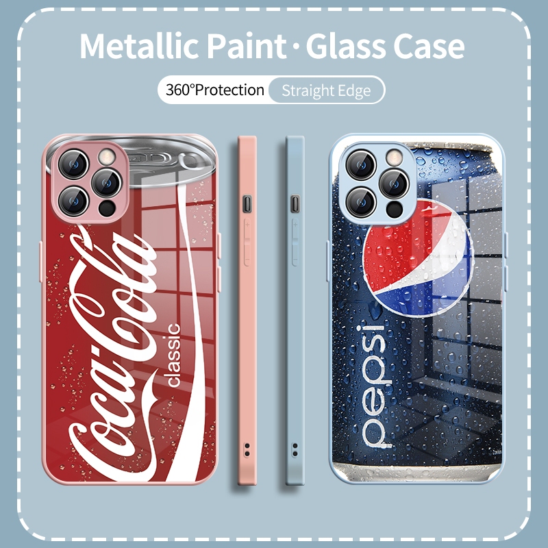 รูปแบบใหม่คุณภาพสูงเครื่องดื่มโคล่ารูปแบบโลหะสีเคสโทรศัพท์แก้วเหมาะสําหรับแอปเปิ้ล15โปรแม็กซ์เคสโทรศัพท์แก้วไอโฟน14พลัสป้องกันกรณีซิลิโคน 13/12/11มือโปร กรณี XS/เอ็กซ์อาร์ สีโลหะระดับไฮเอนด์มินิรวมทุกอย่างทนท เคสป้องกัน