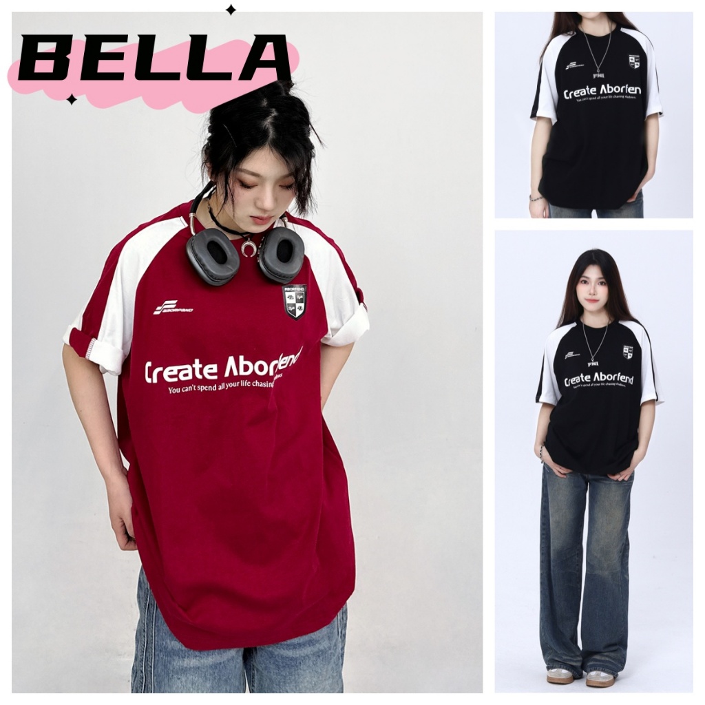Bella Shop แบบหลวม ลำลอง เสื้อคอกลมแขนสั้น