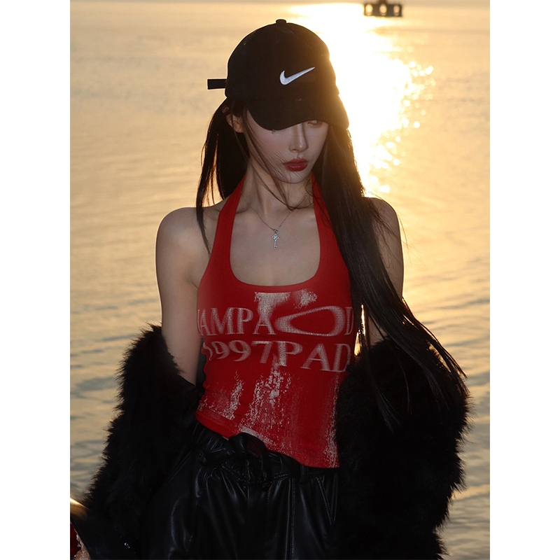 【ICHEN 】 ครอปกล้าม ฤดูร ้ อนแฟชั ่ นพิมพ ์ ผู ้ หญิงเซ ็ กซี ่ Halter แขนกุด Slim Camisole YU