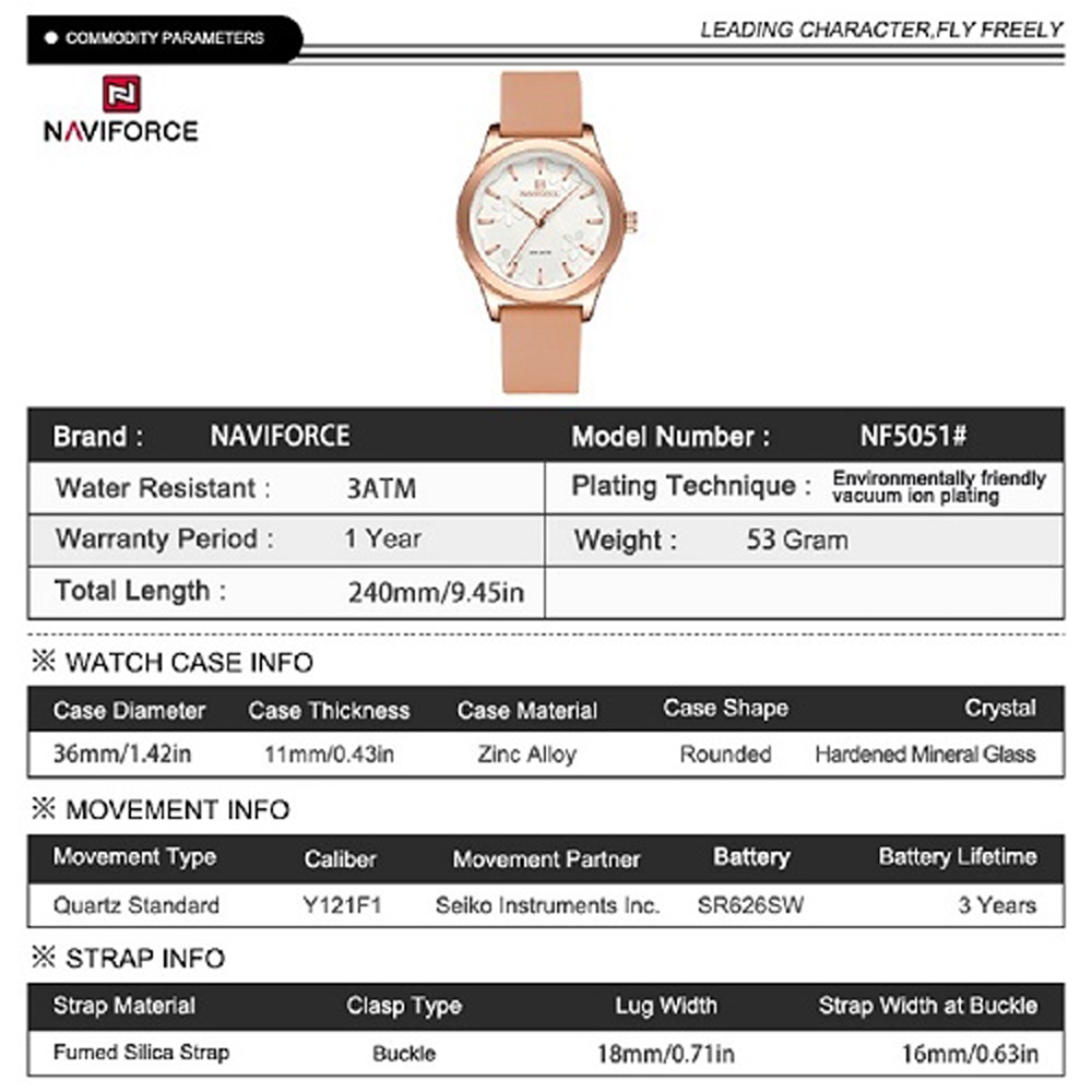 Naviforce 5051 ความเรียบง่ายแฟชั่น Elegante กันน้ําผู้หญิงนาฬิกาควอตซ์โลหะผสมสังกะสีกรณี Silica Band Design นาฬิกาข้อมือผู้หญิง