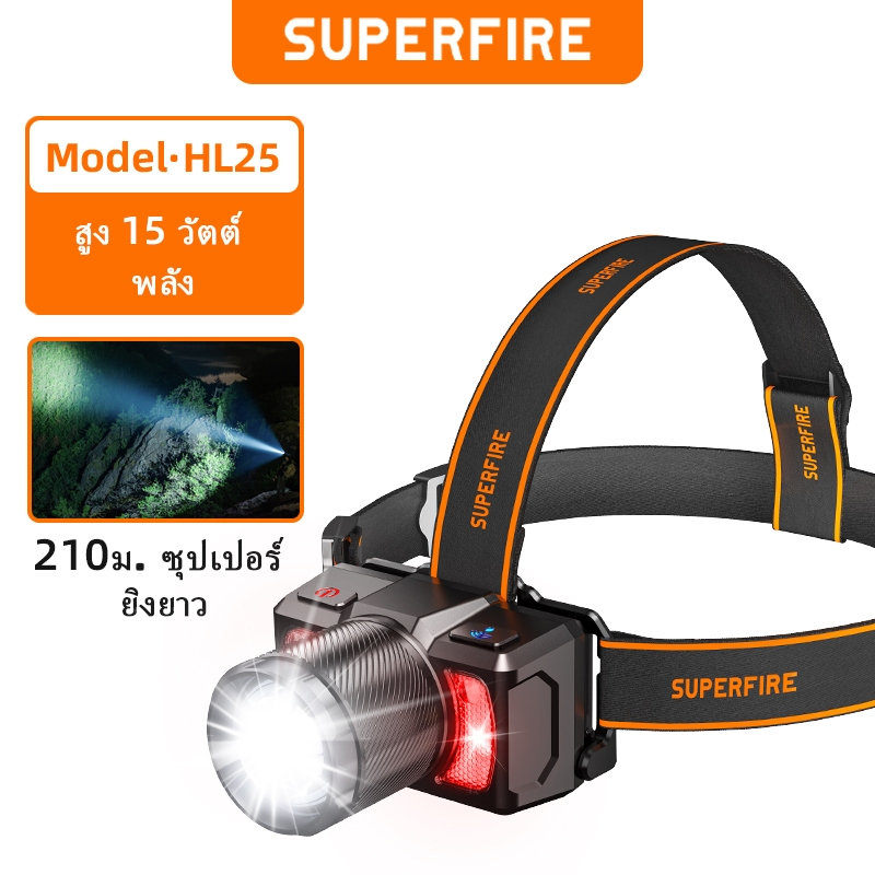 SUPERFIRE HL25 สวิตช์ไฟหน้า LED อะลูมิเนียมอัลลอย แบบชาร์จไฟได้ ซูมได้ สําหรับระบบเซนเซอร์
