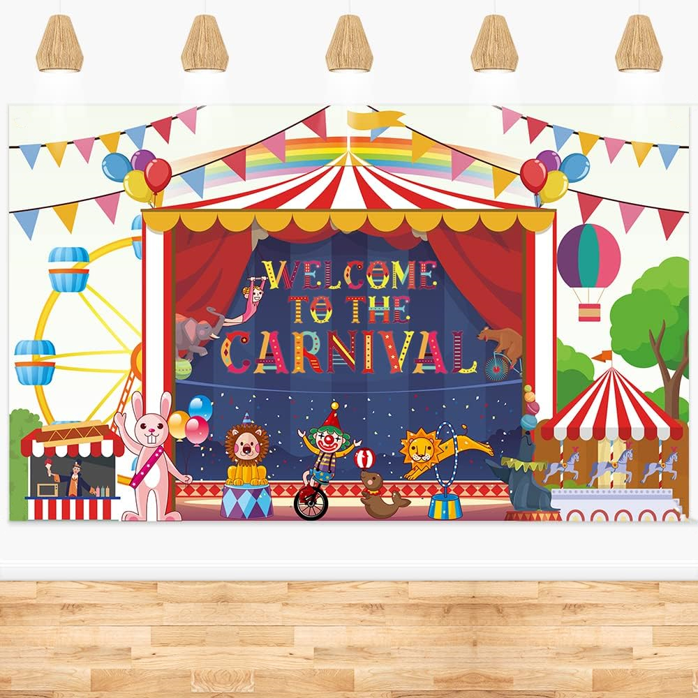 ฉากหลังถ่ายภาพละครสัตว์ Carnival ยินดีต้อนรับสู่ฉากคาร์นิวัลสําหรับอุปกรณ์ตกแต่งงานปาร์ตี้ของละครสัตว์ละครสัตว์ละครสัตว์ปาร์ตี้, แบนเนอร์วันเกิดม้าหมุน