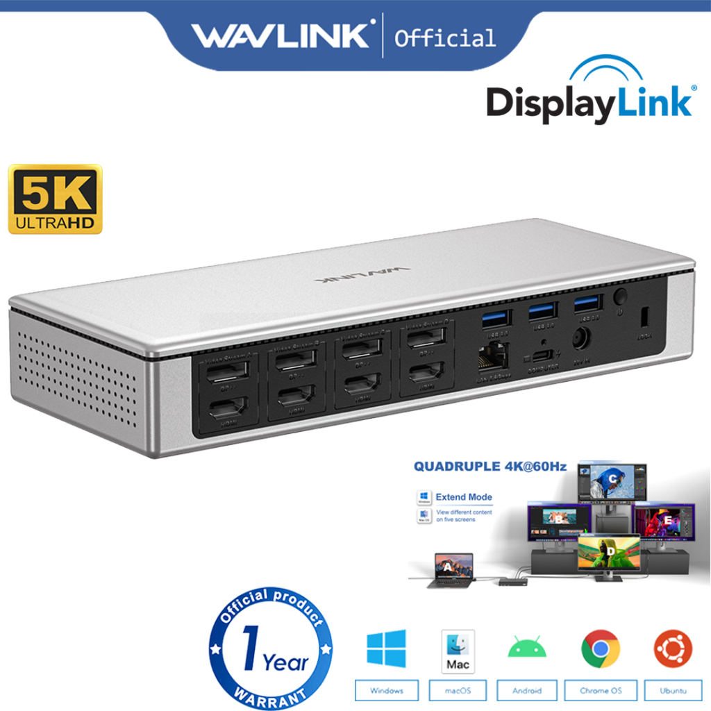 WAVLINK DisplayLink Docking Station Quad Monitors 5K USB C/USB A แล็ปท็อป Dock สําหรับ M1 M2 & Windows พร้อม PD100W แหล่งจ่ายไฟ
