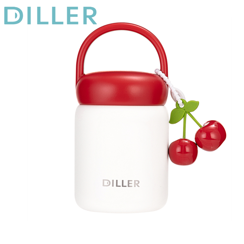 Diller Mini กระติกน้ําสูญญากาศ Thermos พร้อมสติกเกอร์ 316 สแตนเลสดื่มน่ารักขวดน้ําเชอร์รี่ 200ml D9217