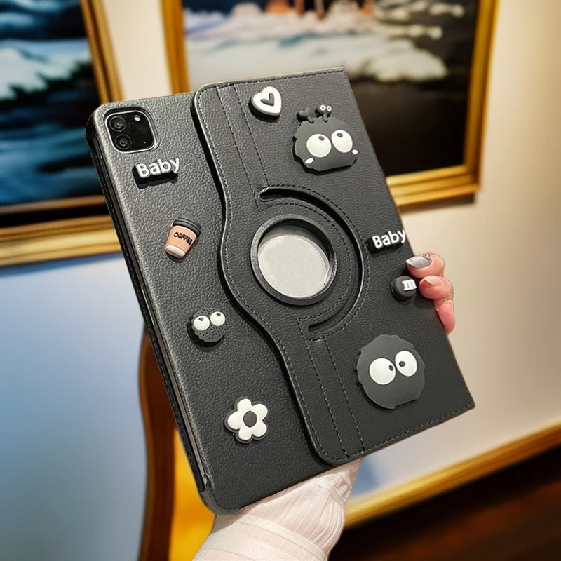 360° ขาตั้งหมุนพลิกหนังแท็บเล็ตสีดําพร้อมสติกเกอร์การ์ตูน 3D สําหรับ iPad Mini 6 5 9.7 5th 6th Air 3 4 5 iPad 10.2 7 8 9 10th Gen iPad Pro 11 นิ้ว 2024 iPad ฝาครอบปลอก