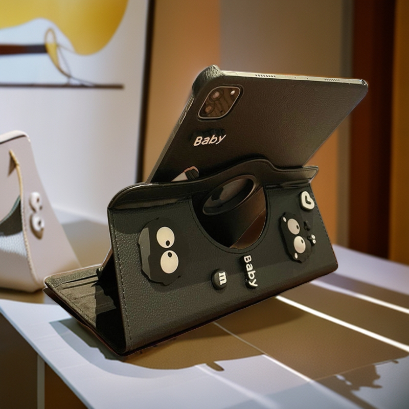 360° ขาตั้งหมุนพลิกหนังแท็บเล็ตสีดําพร้อมสติกเกอร์การ์ตูน 3D สําหรับ iPad Mini 6 5 9.7 5th 6th Air 3 4 5 iPad 10.2 7 8 9 10th Gen iPad Pro 11 นิ้ว 2024 iPad ฝาครอบปลอก - รูปที่ 2