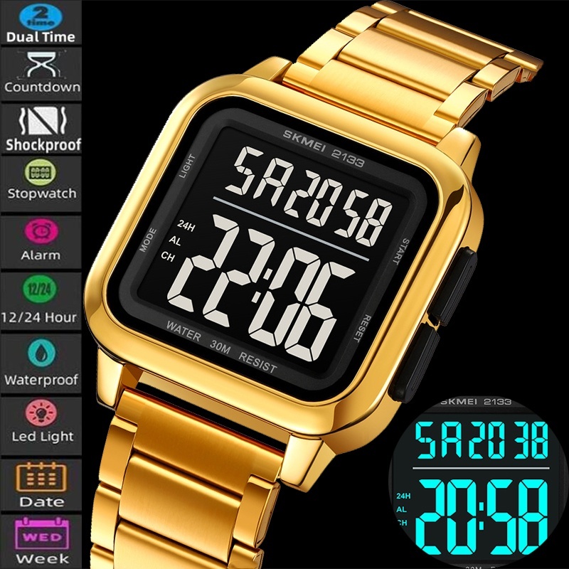 Skmei Mens สร้อยข้อมือนาฬิกากันน้ําสายเหล็กไฟ Led Digital Sport Dual Time นาฬิกาปลุกชาย