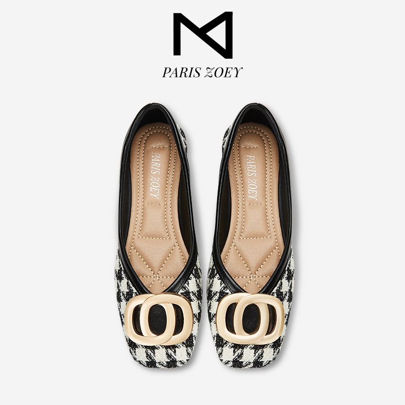 Paris Zoey รองเท้าส้นเตี้ยผู้หญิงลายสก๊อตสีดำและสีขาว สไตล์วินเทจรองเท้าผู้หญิงฝรั่งเศส