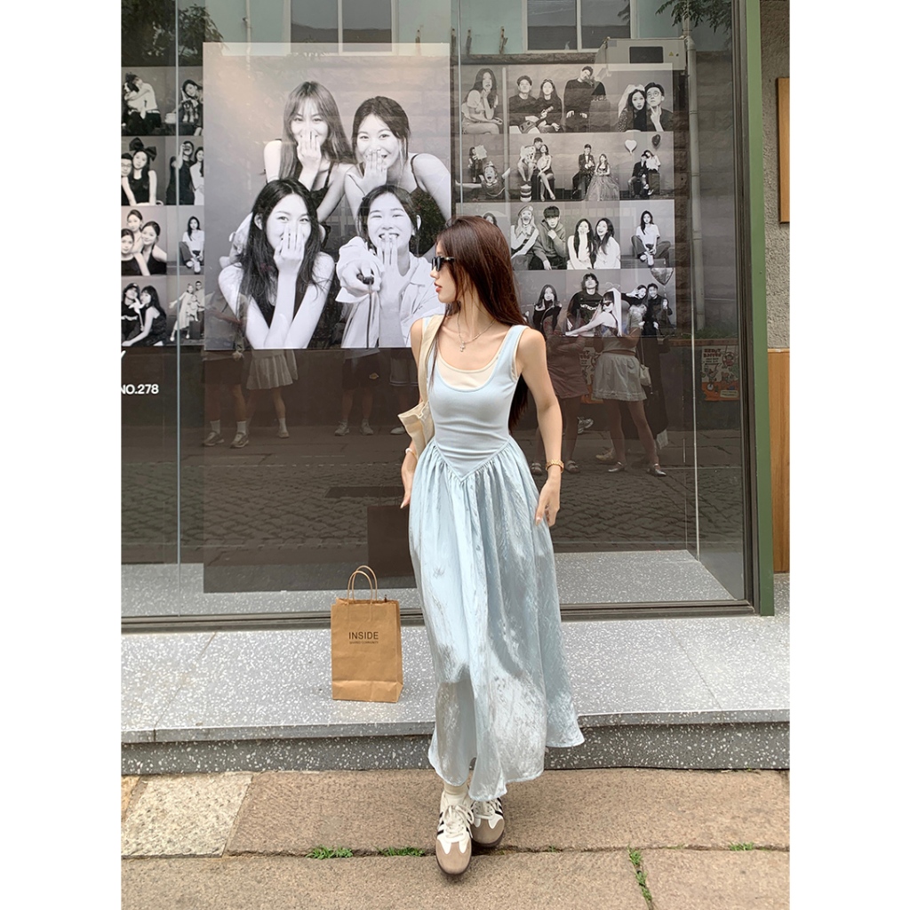 【BANKO】ชุดเดรสแขนกุดสีฟ้าปลอมสองชิ้นของผู้หญิงในช่วงฤดูร้อน