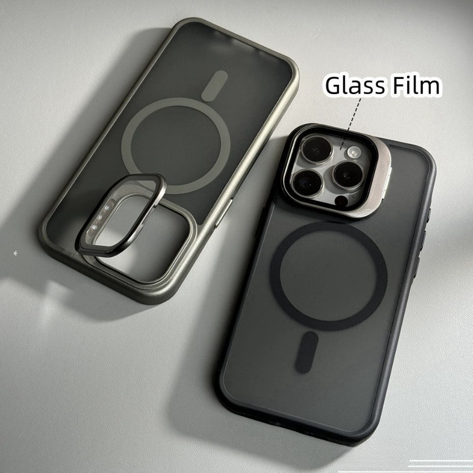 【Bracket/With Lens Film/Matte Acrylic hard case/Cherry Red】เคส compatible for iPhone 11 12 13 14 15 16 pro max case