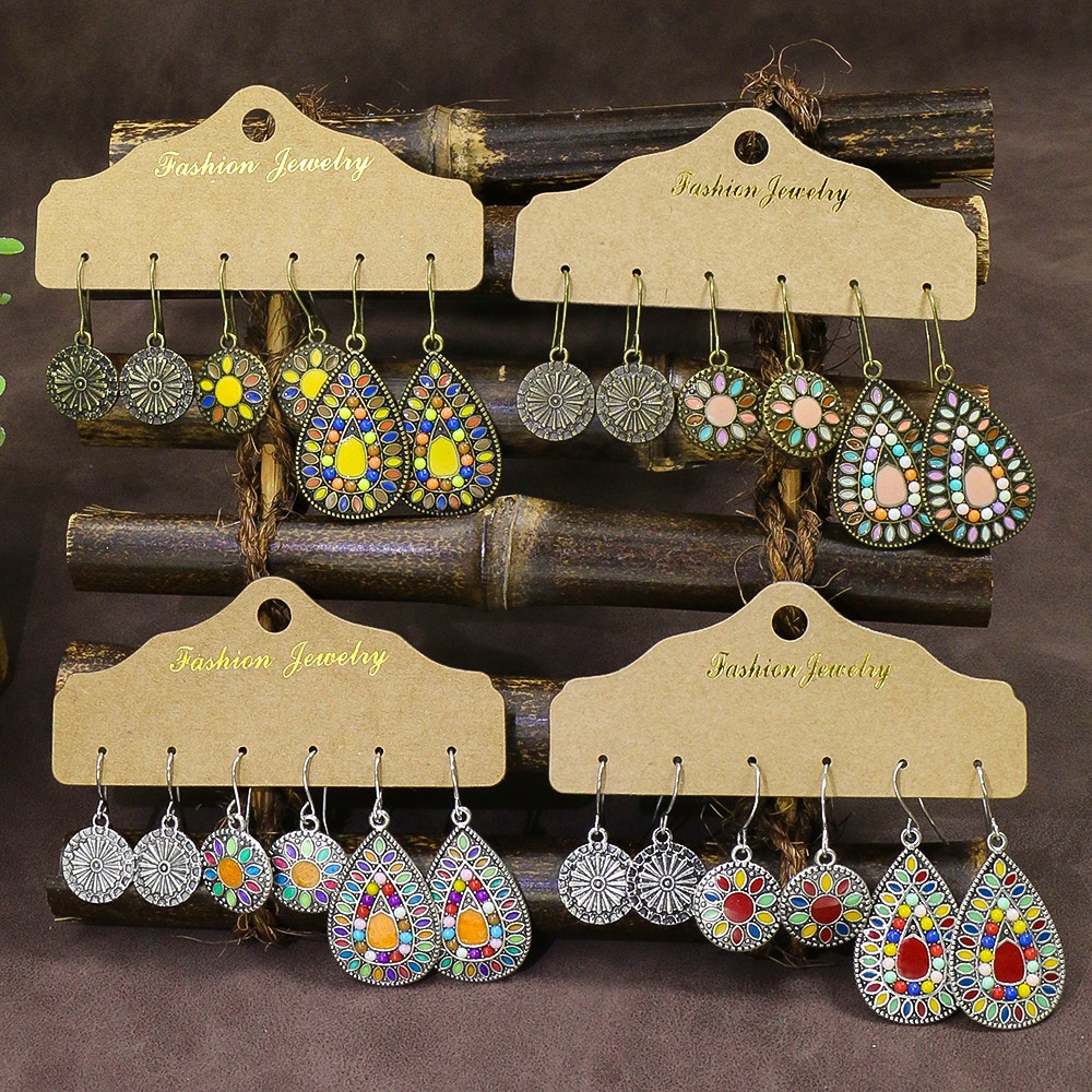 Charm ลูกปัด Boho Water Drop รอบชุดต่างหูผู้หญิงโลหะดอกไม้ที่มีสีสันเคลือบงานแต่งงานต่างหูเครื่องประดับเจ้าสาวของขวัญ