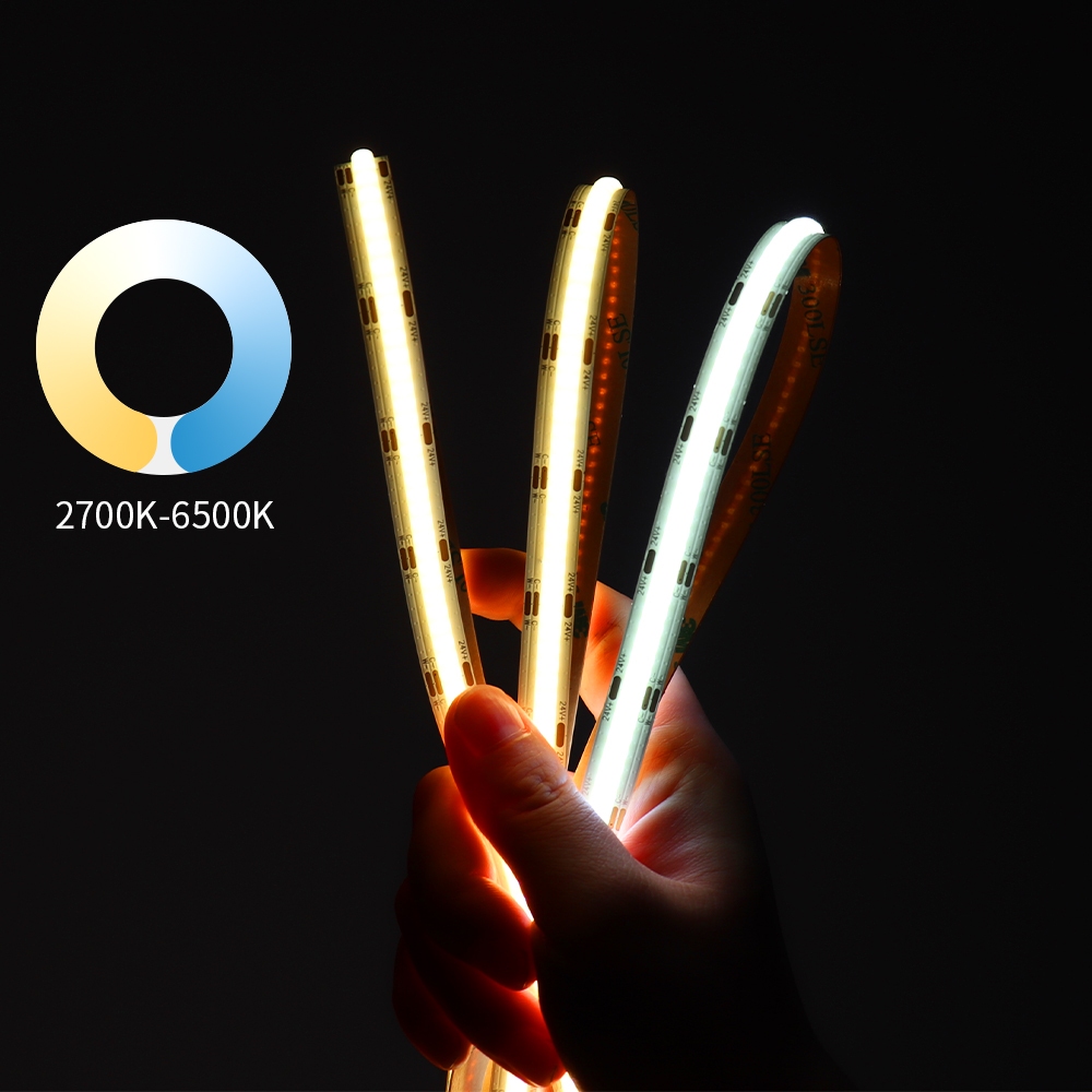 5m 10m CCT COB LED Strip 5 มม.10 มม.กว้าง 12V 24V Linear Light Bar CRI 90 สี 2700K 6500K หรี่แสงได้ส